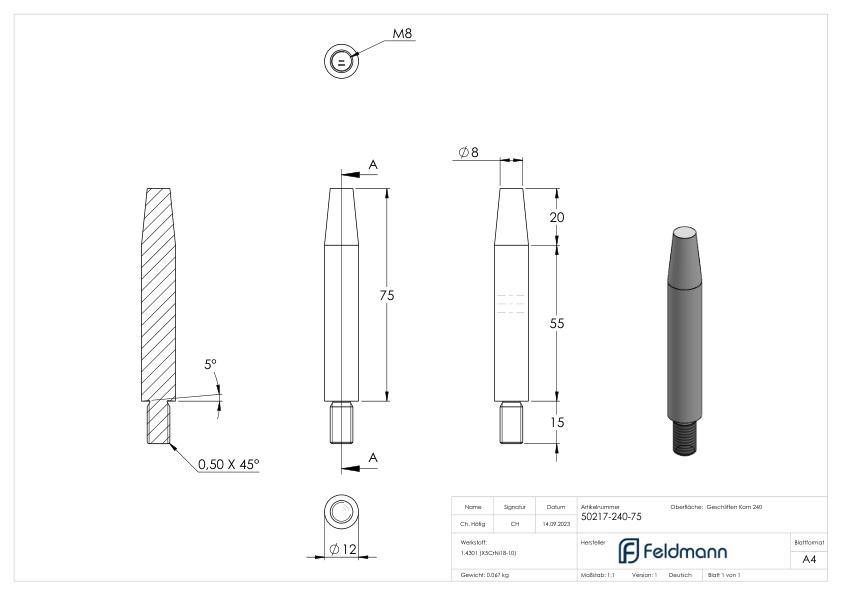 Stift Ø 12mm, L: 75mm, abgedreht, V2A