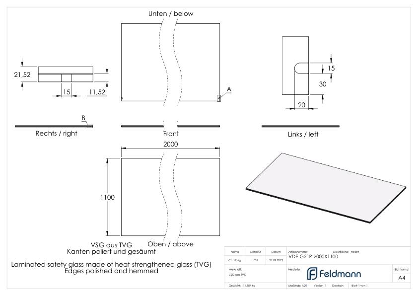 Eleganza canopy Glas: 2000x1200mm VSG aus 2x10mm TVG mit 1,52mm PVB