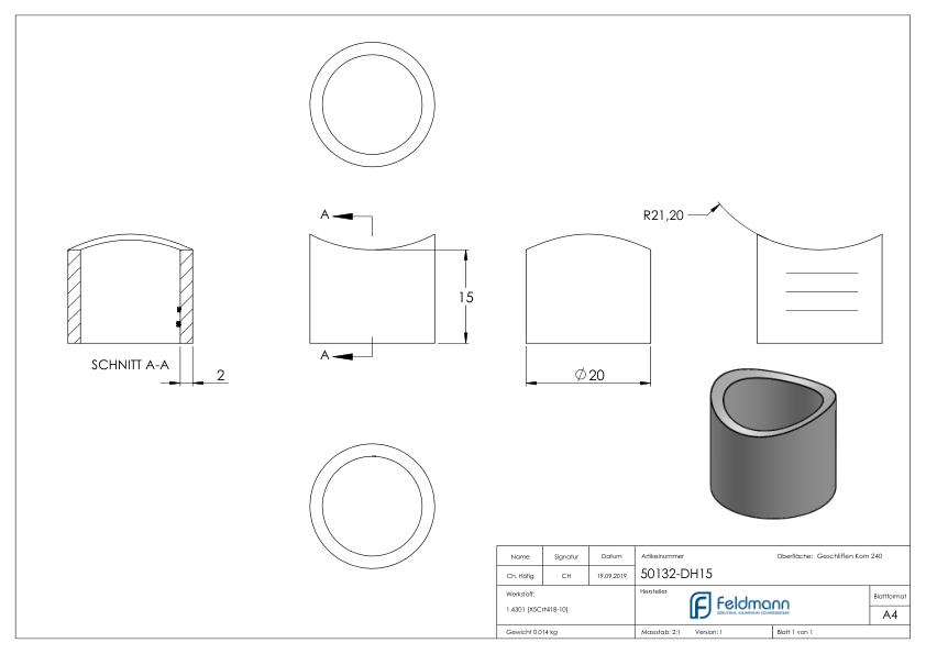 Distanzhülse, L: 15mm, für 42,4mm,V2A