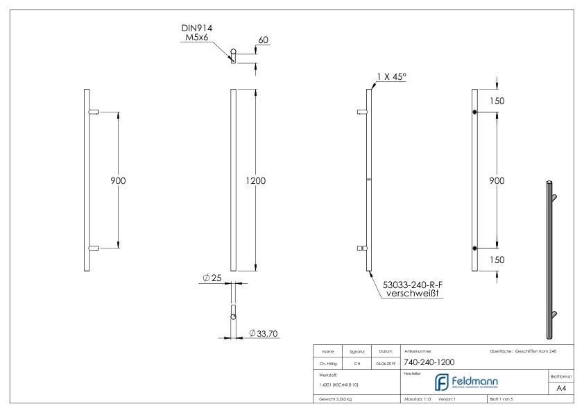 Stoßgriff inkl. Halter gerade mit L: 1,2m, V2A Stoßgriff inkl. Halter gerade mit L: 1,2m, V2A