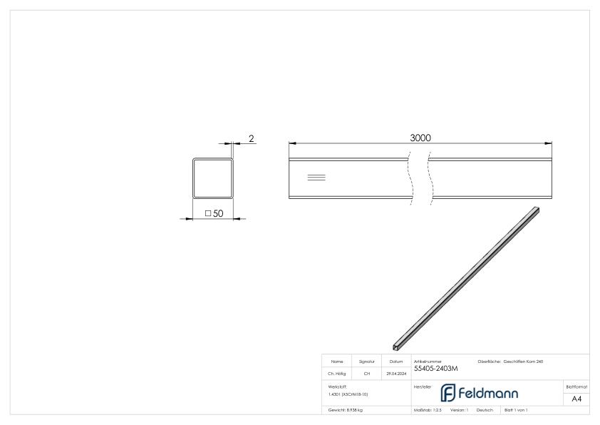 Quadratrohr, 50x50x2,0mm, L: 3000mm, V2A