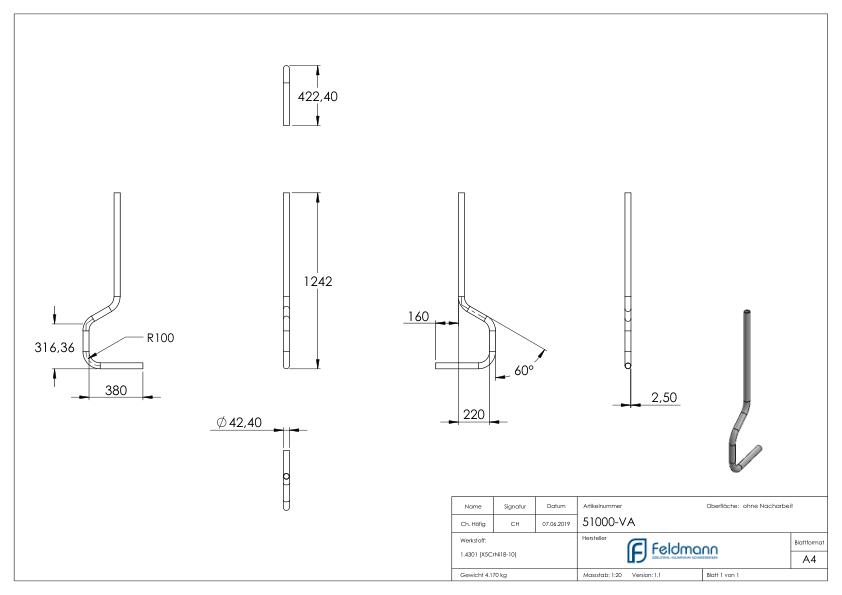 Pfosten gebogen, aus Rohr 42,4mmx2,5mm, V2A