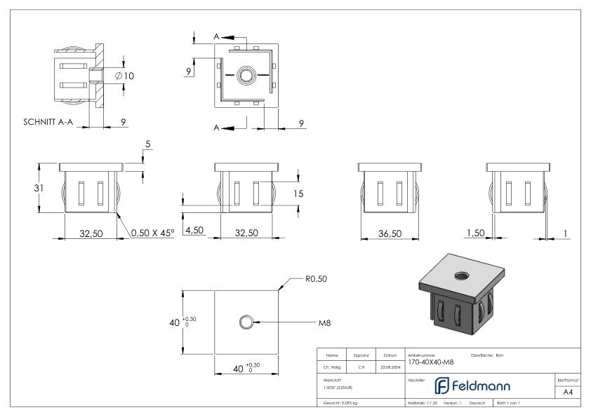 Stahleinschlagkappe, für Quadratrohr 40x40mm