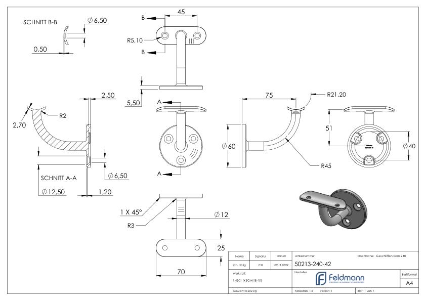 Handlaufhalter mit Handlaufanschlussplatte 42,4mm, (Ronde und Bügel verschweißt),V2A