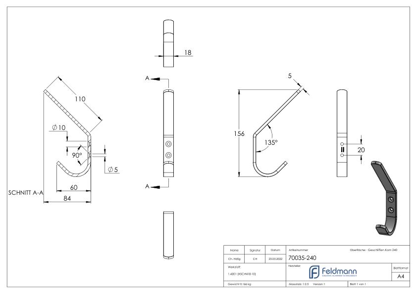 Kleiderhaken / Bügel aus Edelstahlflach 18x5mm, V2A