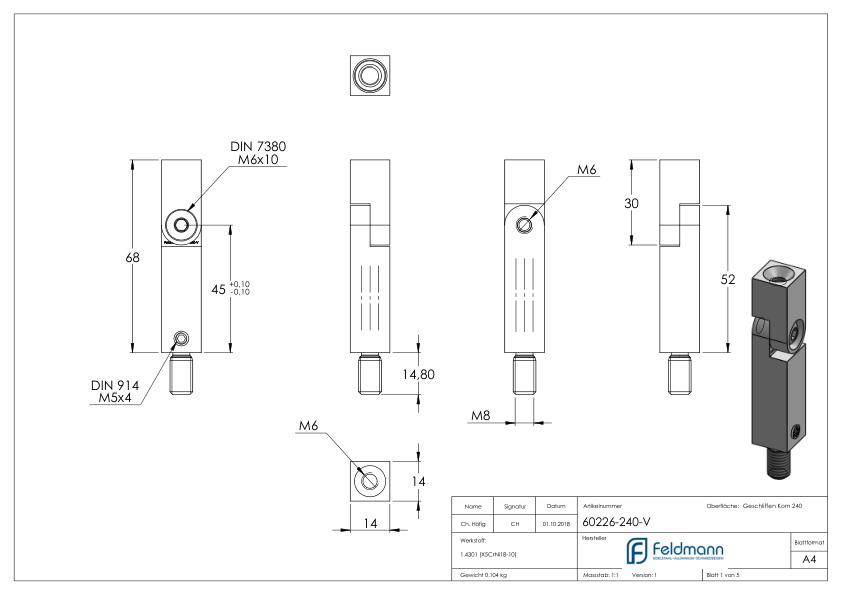 Gelenkstift aus 14x14mm, L: 68mm, V2A