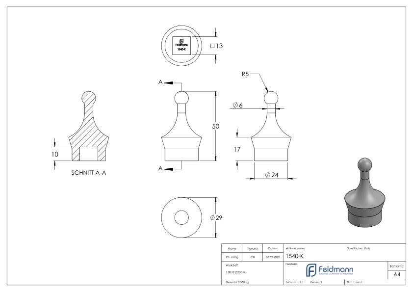 Kappe für Quadratstab 12x12mm, H: 50mm