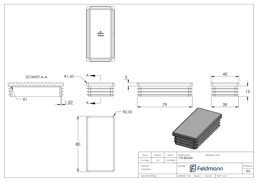 Kunststoffkappe für Rechteckrohr 80x40mm