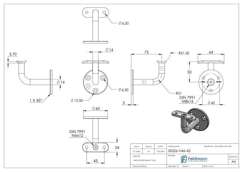 Handlaufhalter ohne Kabeldurchführung für LED Handläufe, Vollmaterial, V4A