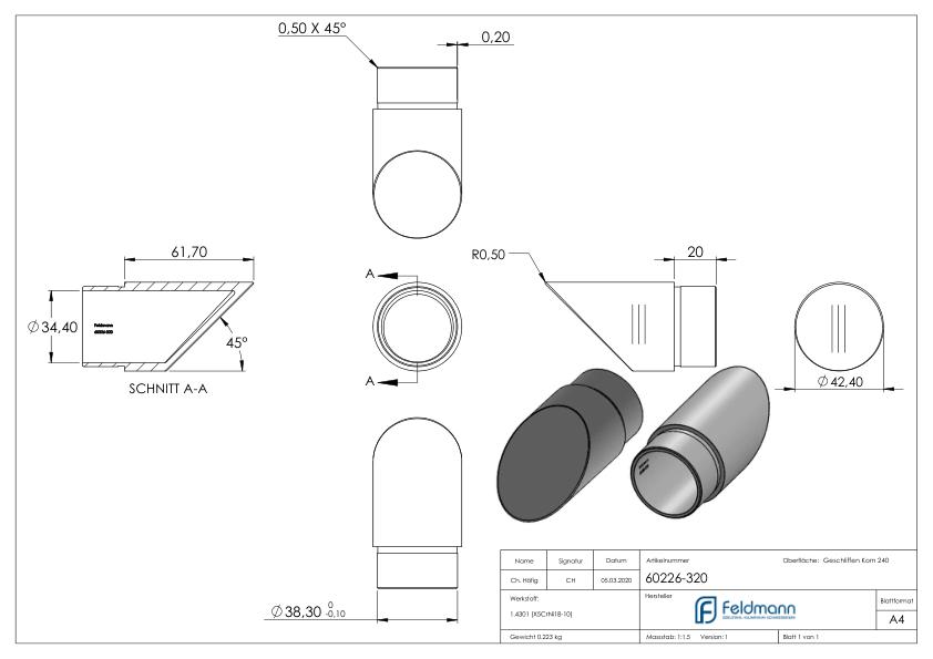 Endbogen 45°, für Rohr 42,4x2,0mm, V2A