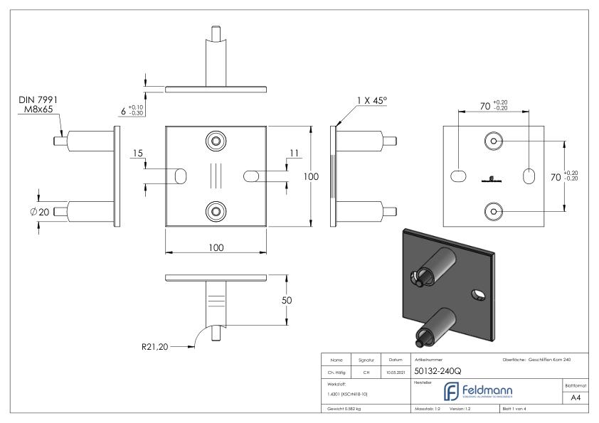 Wandbefestigung für Geländerpfosten 42,4mm, V2A