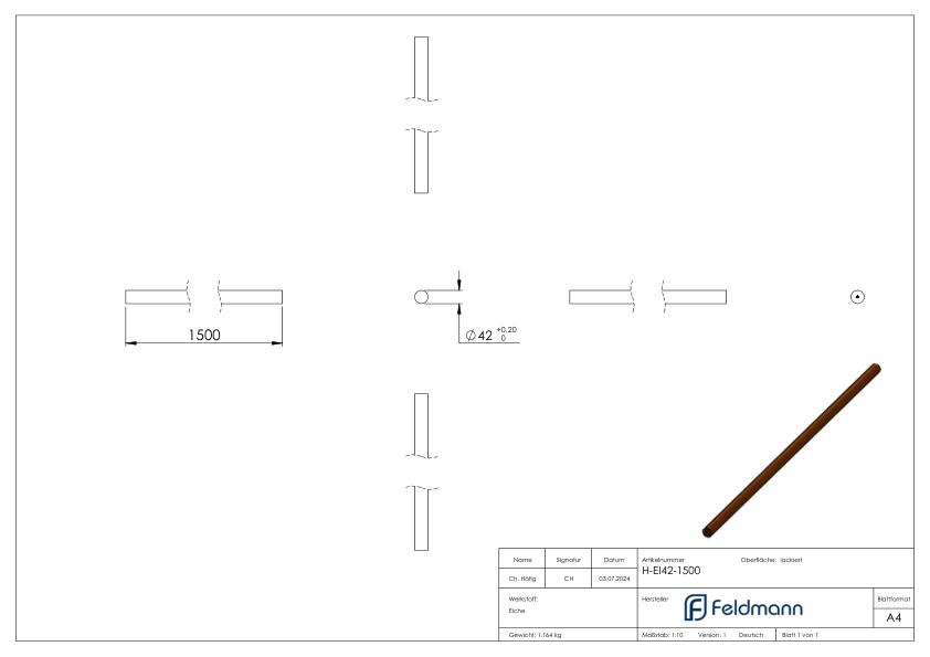 Holzhandlauf Eiche, Ø 42mm, L: 1,5m