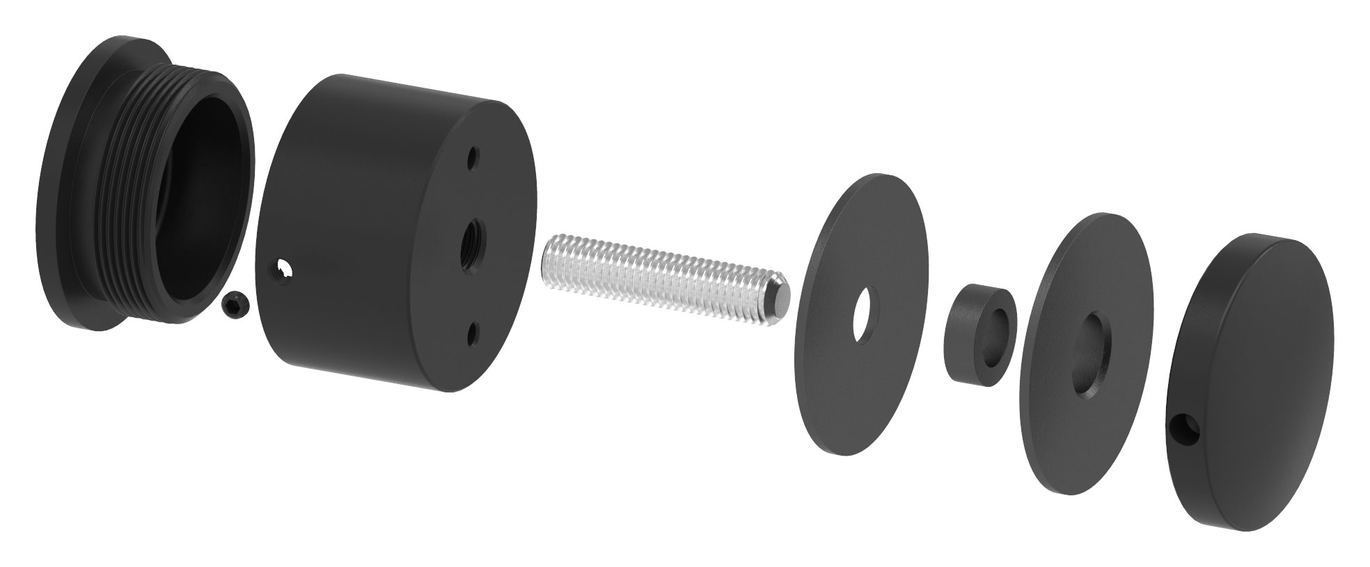 Glaspunkthalter 52mm, flach, verstellbar, V2A, pulverbeschichtet in RAL 9005 schwarz matt