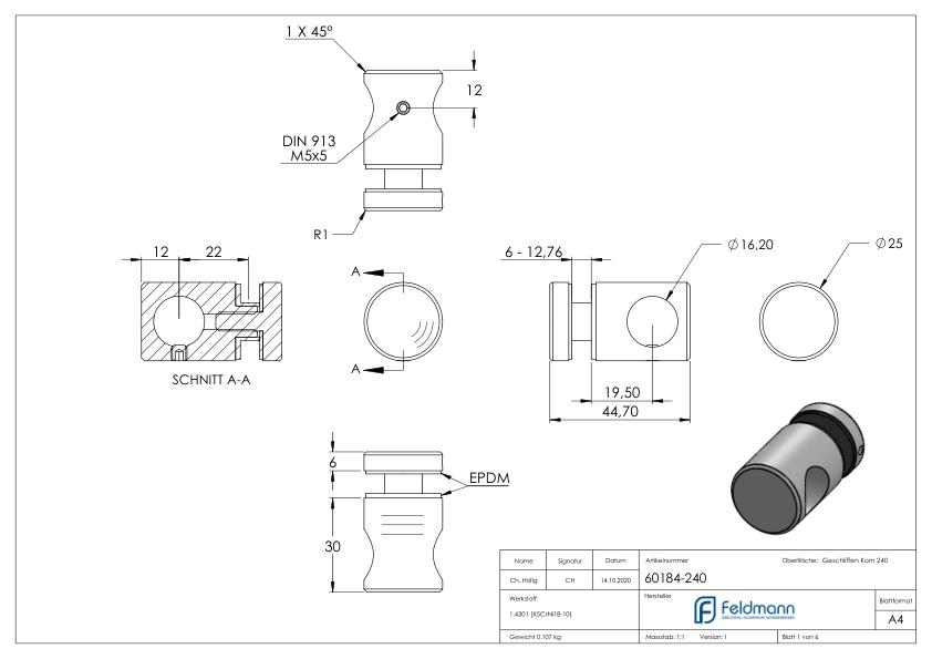 Querstab-Glashalter  Ø25mm für 16mm Rund, für Glas 6-12,76mm, V2A