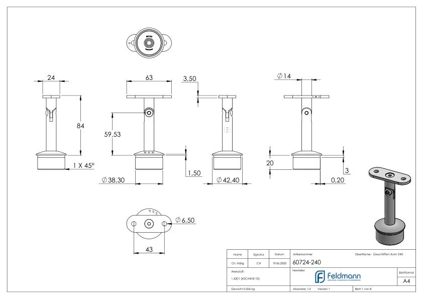 Rohrabschlussstopfen für Rohr 42,4x2,0mm, Handlaufanschlussplatte: flach, V2A