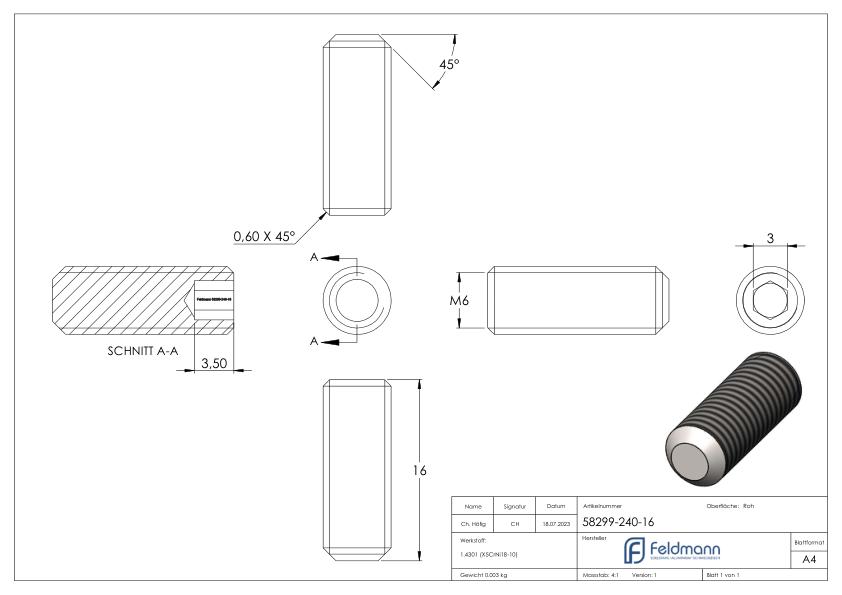 Gewindestift M6 x 16, A2, DIN 913 / ISO 4026