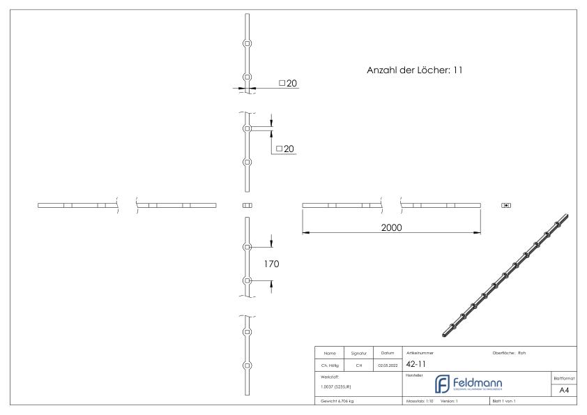Lochleiste S235JR, 20x20mm, Lochabstand 170mm, 2000mm