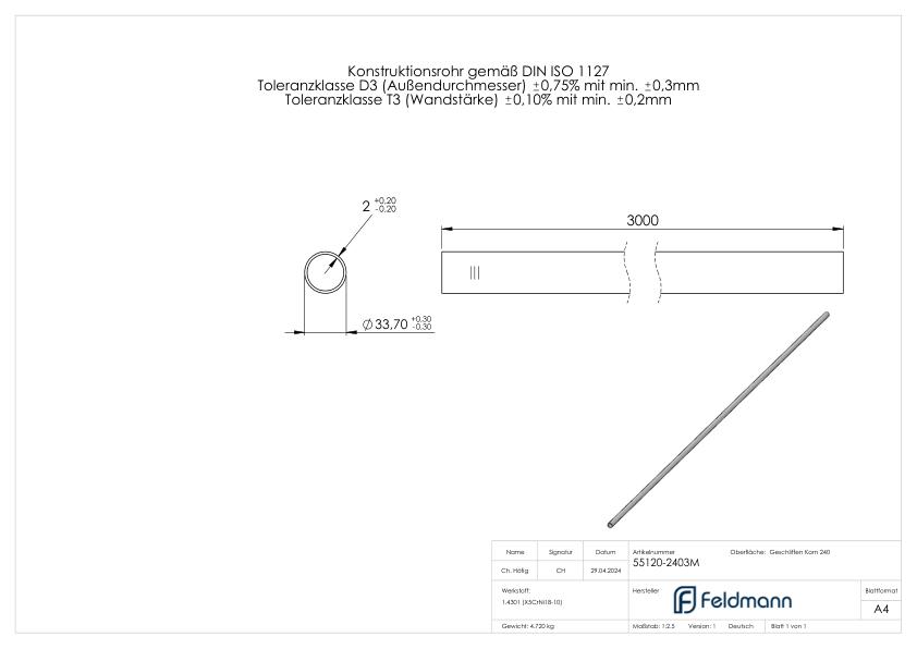 Edelstahlrohr, 33,7x2,0mm, L: 3000mm, V2A