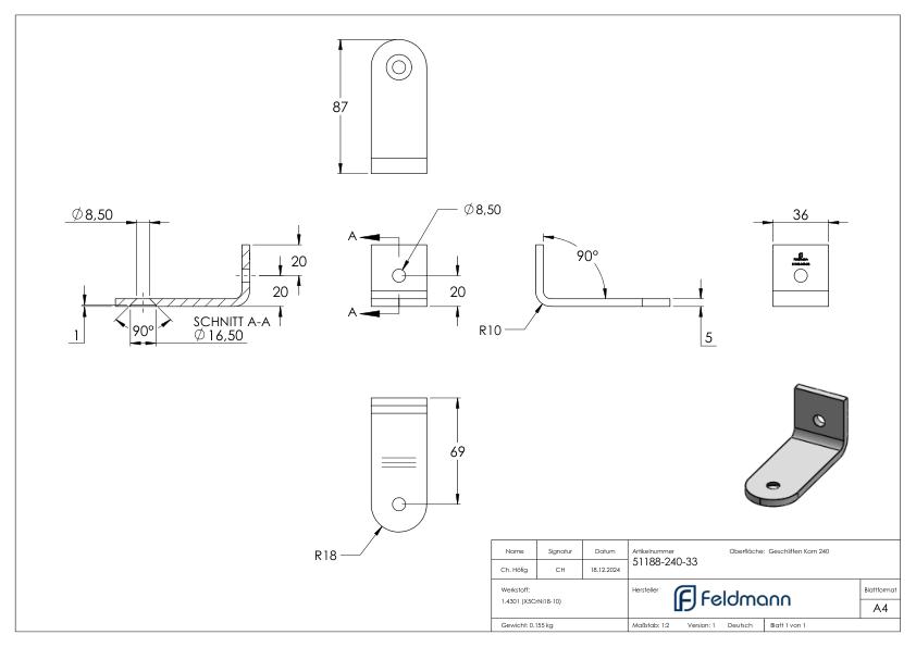 Winkellasche für Stoßgriffe für Rohr 33,7mm, V2A