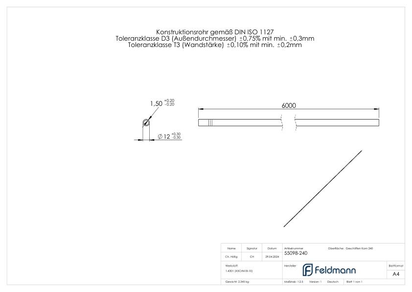Edelstahlrohr, 12,0x1,5mm, L: 6000mm, V2A