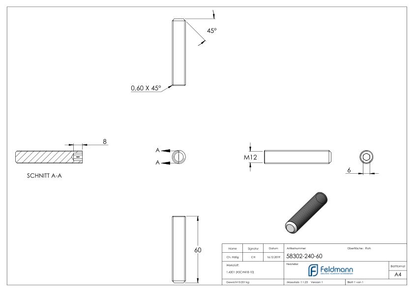 Gewindestift M12x60, V2A, DIN 913 / ISO 4026