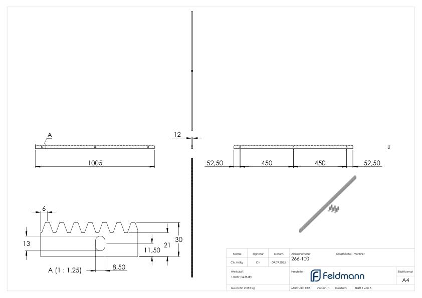 Zahnstange 30 x 12mm, Länge 1m, inkl. Befestigungsmaterial, verzinkt