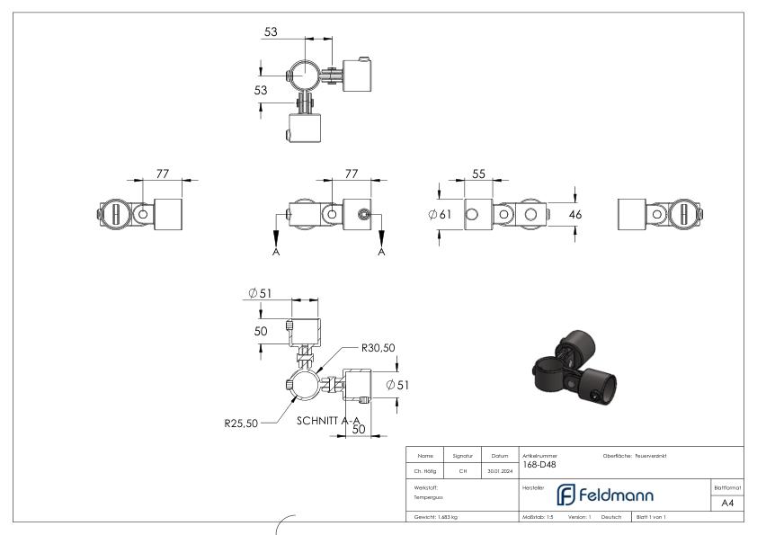 Gelenkstück, 90°, für Rohr Ø 48,3mm