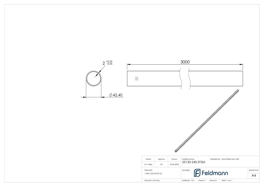 Edelstahlrohr, 42,4 x 2,0mm, L=3m, Korn 240 geschliffen, V2A