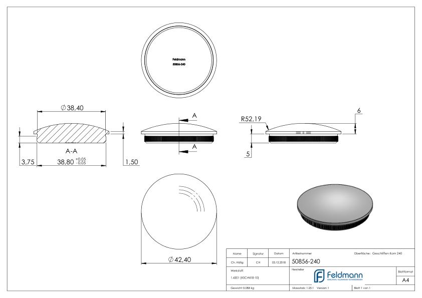 Rohrabschlussstopfen, für Rohr 42,4x2,0mm, V2A