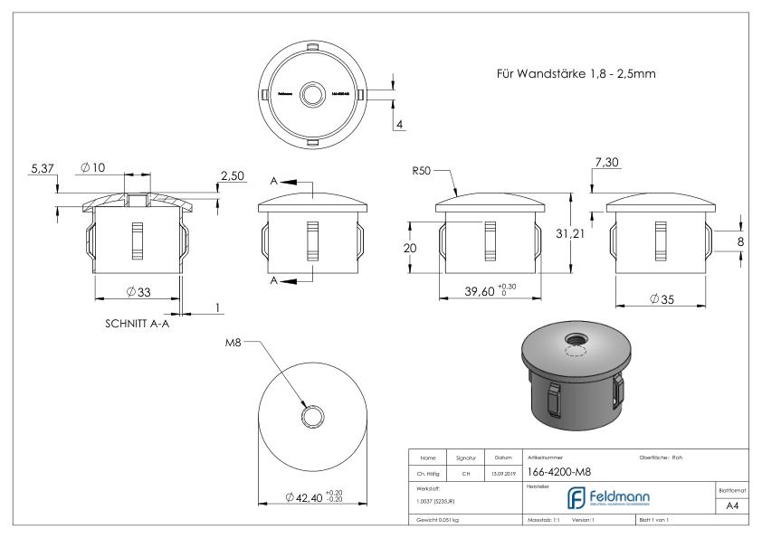 Stahleinschlagkappe, für Rohr 42,4mm