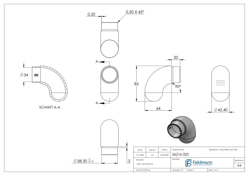 Endbogen 90° halbrund, für Rohr 42,4x2,0mm, V2A