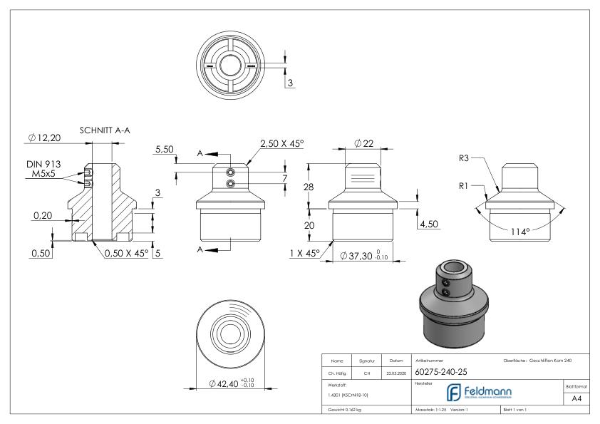 Rohrabschlussstopfen für 42,4x2,5mm, V2A