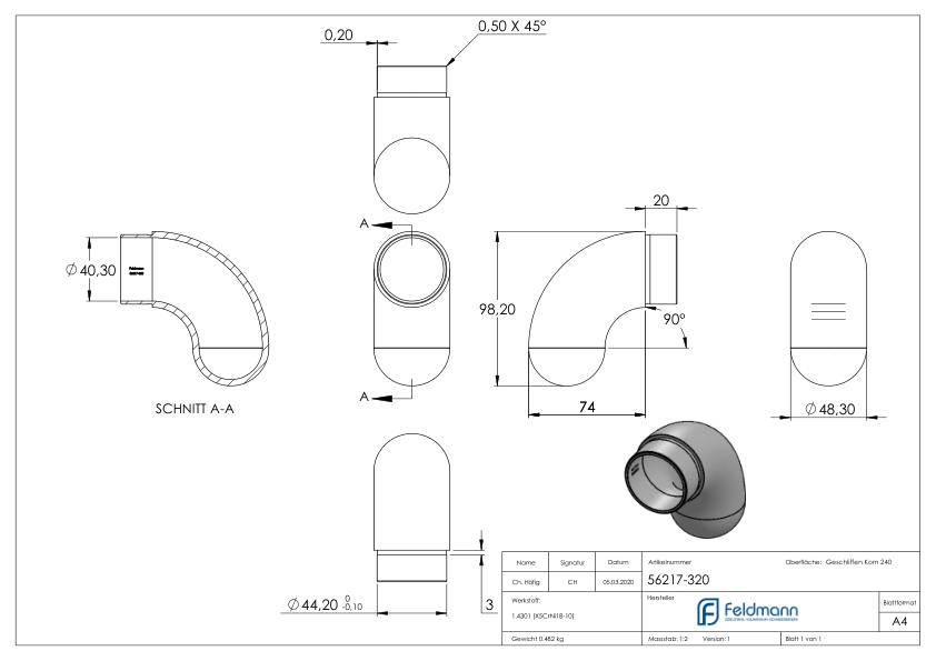 Endbogen 90° halbrund, für Rohr 48,3x2,0mm, V2A