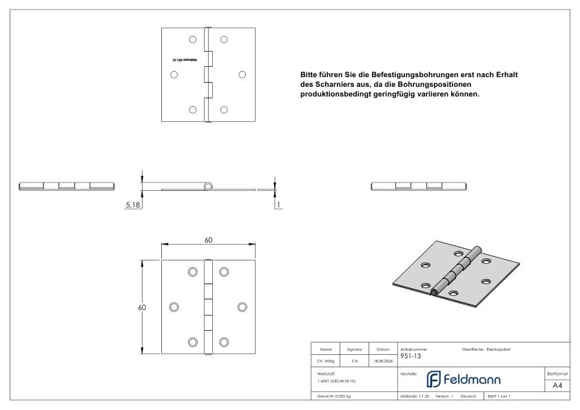 Edelstahl-Scharnier 60x60mm mit festem Zapfen