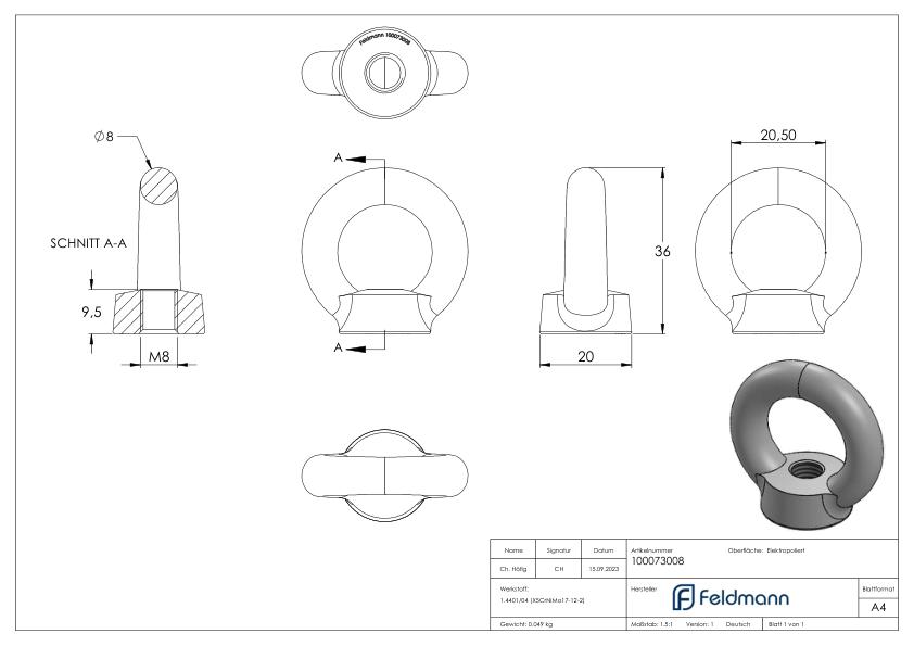 Ringmutter mit Innengewinde 8mm, V4A
