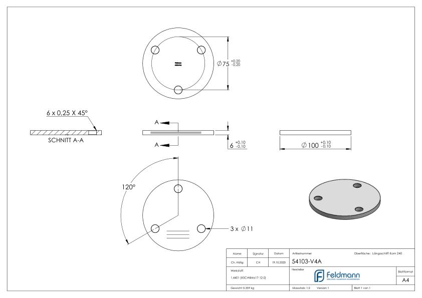 Ankerplatte Ø 100x6mm, mit Längsschliff, V4A