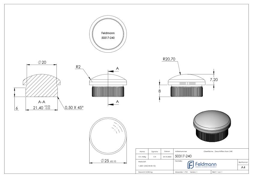 Rohrabschlussstopfen, für Rohr 25,0x2,0mm, V2A