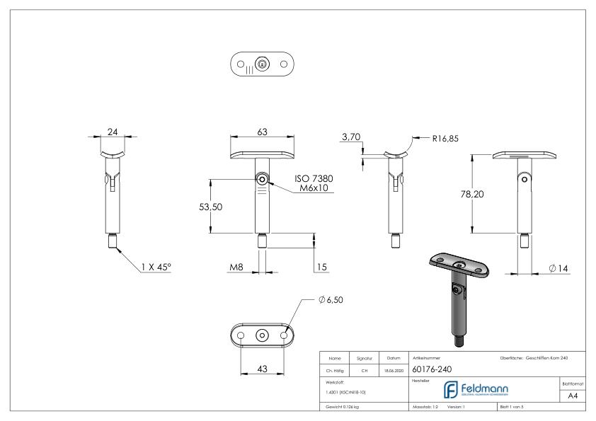 Gelenkstift mit Handlaufanschlussplatte 33,7mm, V2A Gelenkstift mit Handlaufanschlussplatte 33,7mm, V2A