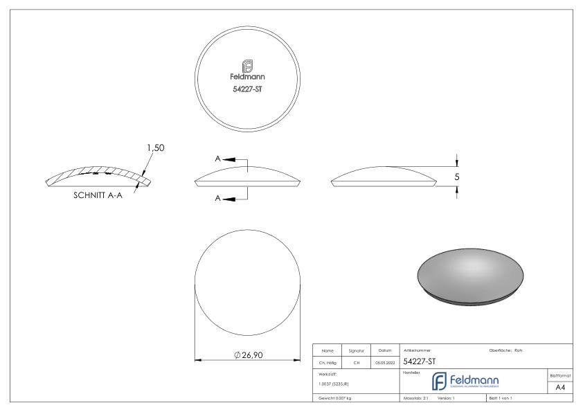 Halbrundschale 26,9x1,5mm, H: 5mm