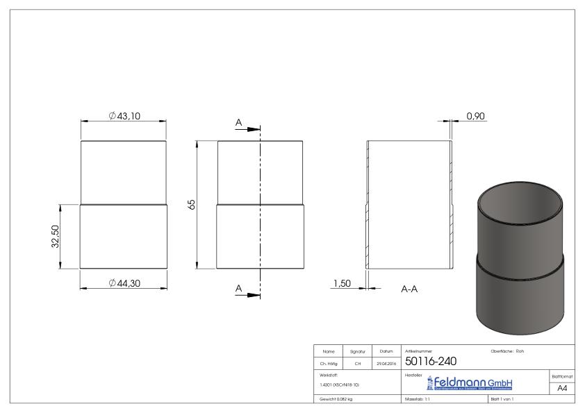Verbindungsstück von 48,3x2,5mm auf 48,3x2,0mm, V2A