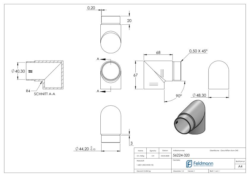 Endbogen 90°, für Rohr 48,3x2,0mm, V2A