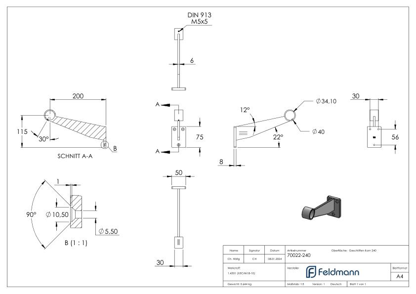 Fußlauf- / Handlaufstütze, für Rohr 33,7mm, V2A