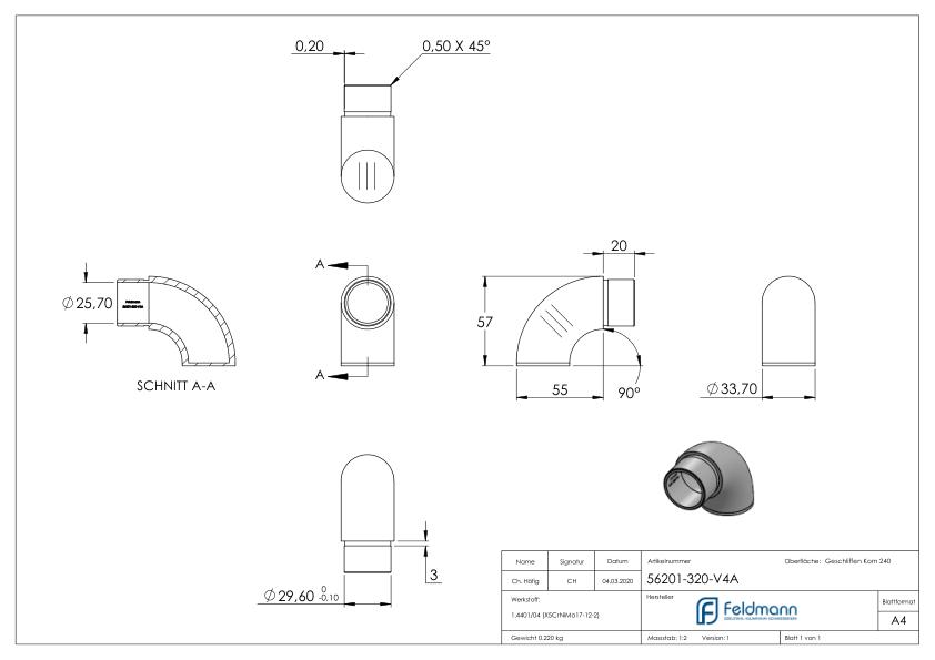 Endbogen 90° flach, für Rohr 33,7x2,0mm, V4A