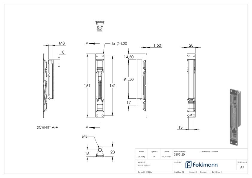 Kantriegel mit Breite 20mm und Gewinde M8, verzinkt