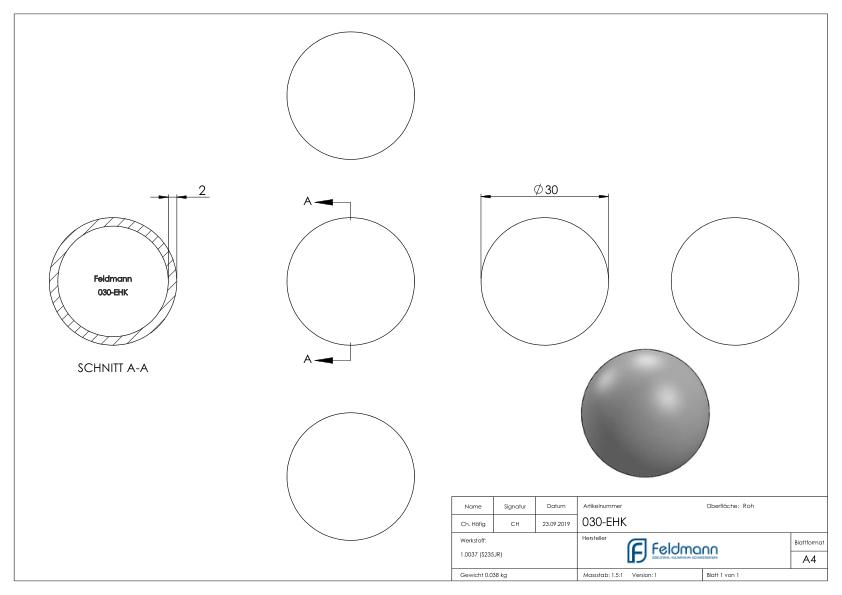 Eisenhohlkugel Ø 30x2,0mm
