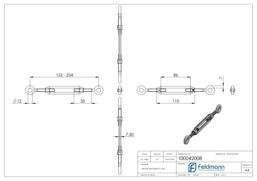 Spannschloss Öse / Öse mit Gewinde M8, V4A