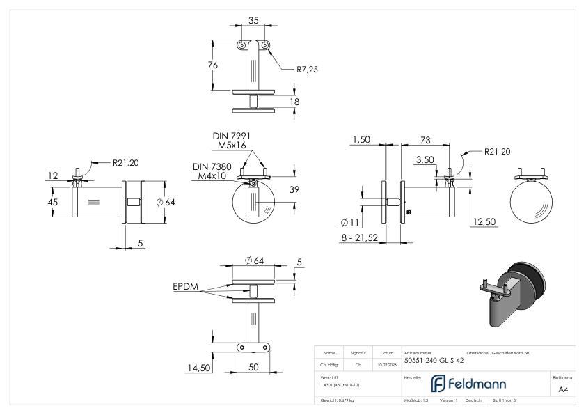 Sensa Design 2, für Rohr 42,4mm, für Montage an Glas, mit Gelenk für Steigung, V2A