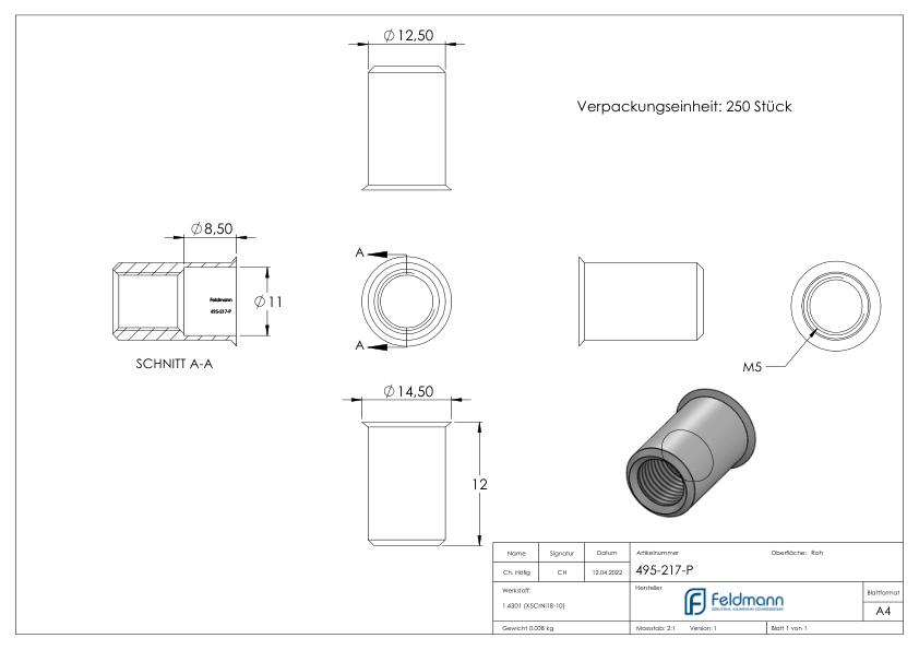 Blind-Einnietmutter, V2A M10/Loch 13mm, VPE mit 250 Stück, V2A Blind-Einnietmutter, V2A M10/Loch 13mm, VPE mit 250 Stück, V2A