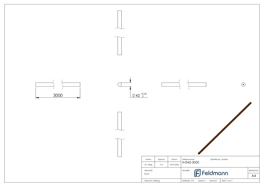 Holzhandlauf Eiche, Ø 42mm, L: 3000mm