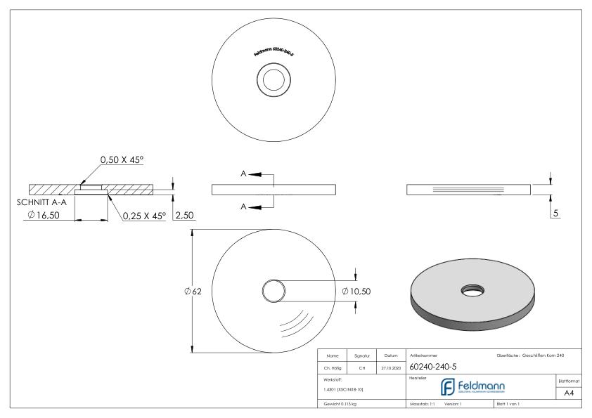 Unterteil für 62mm Glaspunkthalter, t: 5mm, V2A